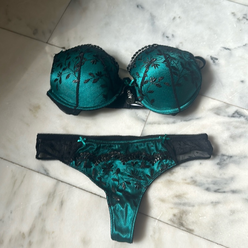 Adore Me Teal and Black Embroidered Satin Push-Up Bra & Thong Set